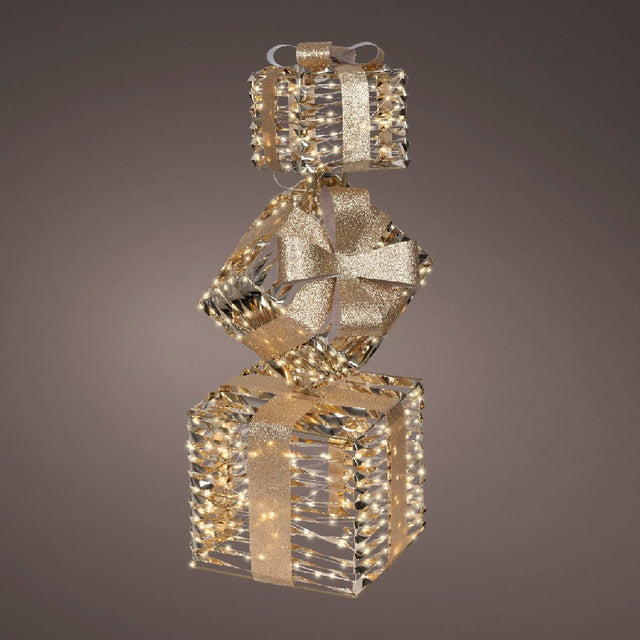 Lumineo Stacked Gold Giftboxes Flashing Effect Outdoor 73cm - XMAS ROOM DECORATION LARGE AND LIGHT UP - Beattys of Loughrea