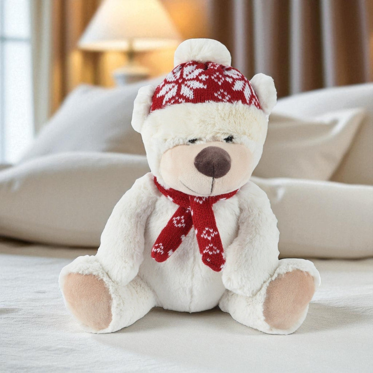 Plush Christmas Teddy Bear in Hat and Scarf 20cm - XMAS SOFT DECOS - Beattys of Loughrea
