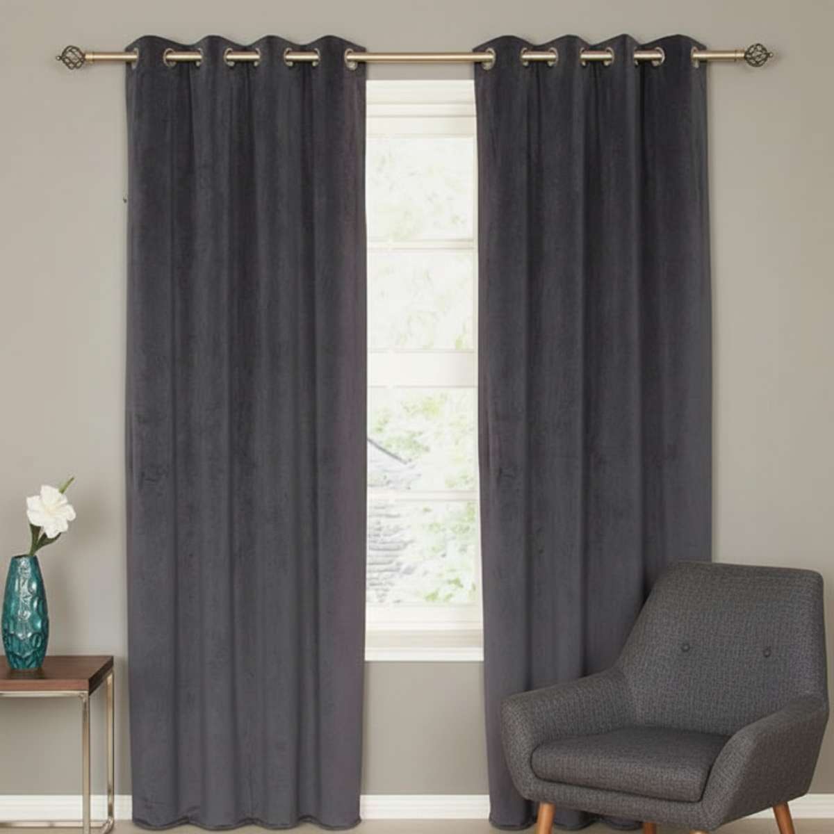 Elegance Velvet Graphite Eyelet Curtains – 90 × 90 (229 × 229 cm)