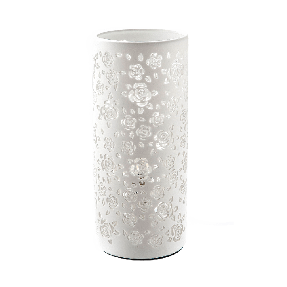 White Porcelain Cylindrical Flower Cut - out Lamp 27cm - TABLE/BEDSIDE LAMPS - Beattys of Loughrea