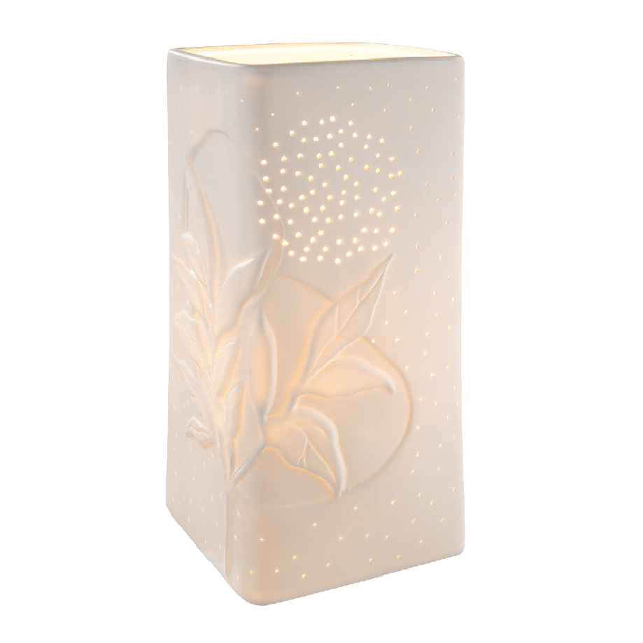 White Porcelain Leaf Rectangular Cut - out Lamp 28cm - TABLE/BEDSIDE LAMPS - Beattys of Loughrea