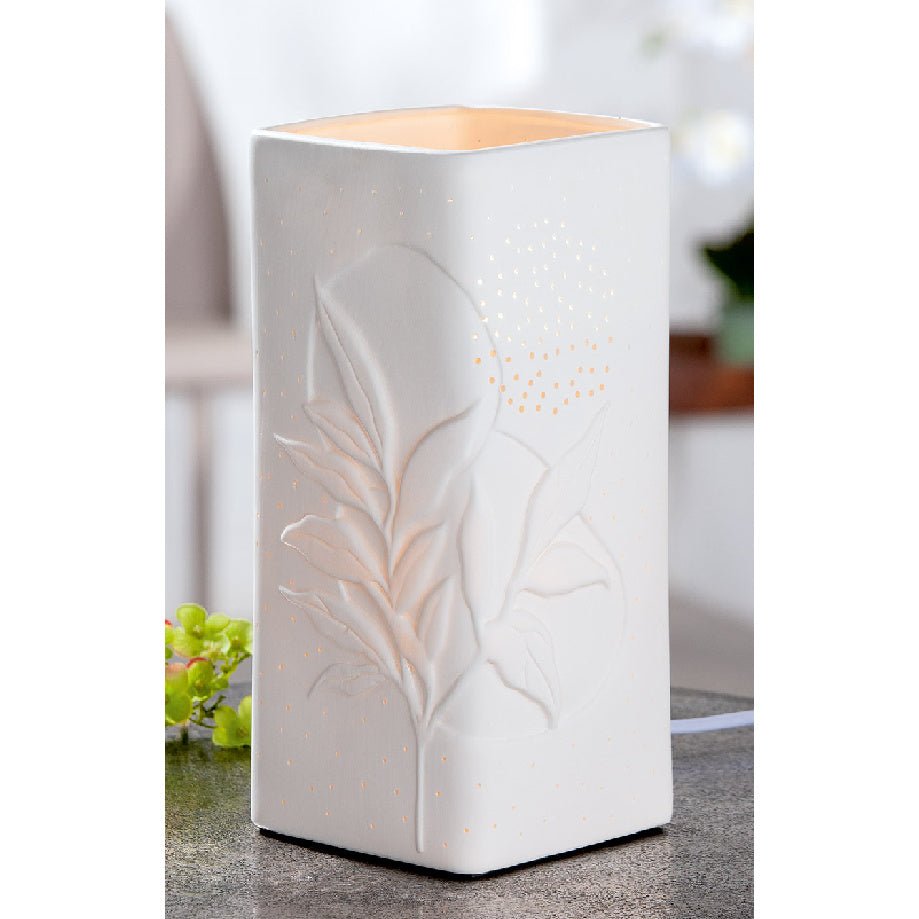 White Porcelain Leaf Rectangular Cut - out Lamp 28cm - TABLE/BEDSIDE LAMPS - Beattys of Loughrea