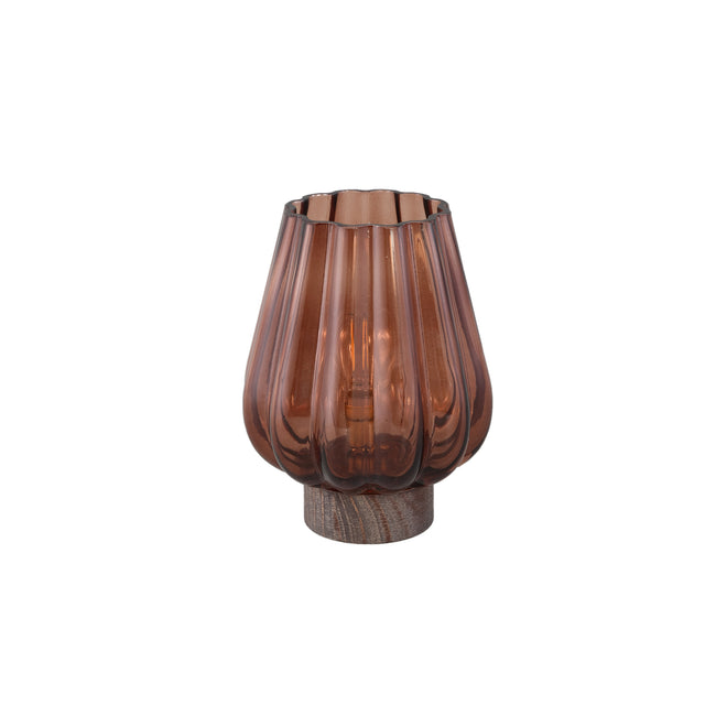 Zyon 14cm Brown Glass Led Light Wood Base Battery Operated - BATTERY LED CANDLES - Beattys of Loughrea