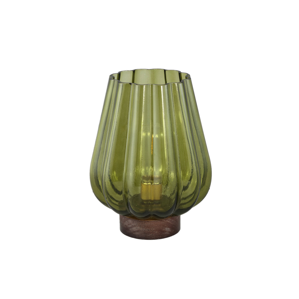 Zyon 17cm Green Glass Led Light Wood Base Battery Operated - BATTERY LED CANDLES - Beattys of Loughrea