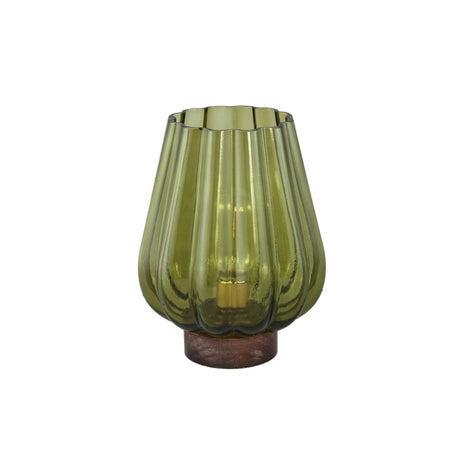 Zyon 17cm Green Glass Led Light Wood Base Battery Operated - BATTERY LED CANDLES - Beattys of Loughrea