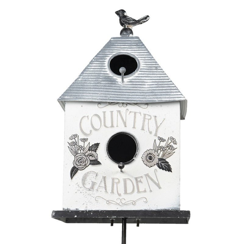 Garden Stake 18 x 13 x 109cm Grey White Metal Flowers Bird Feeder - BIRD HOUSE/ FEEDERS - Beattys of Loughrea