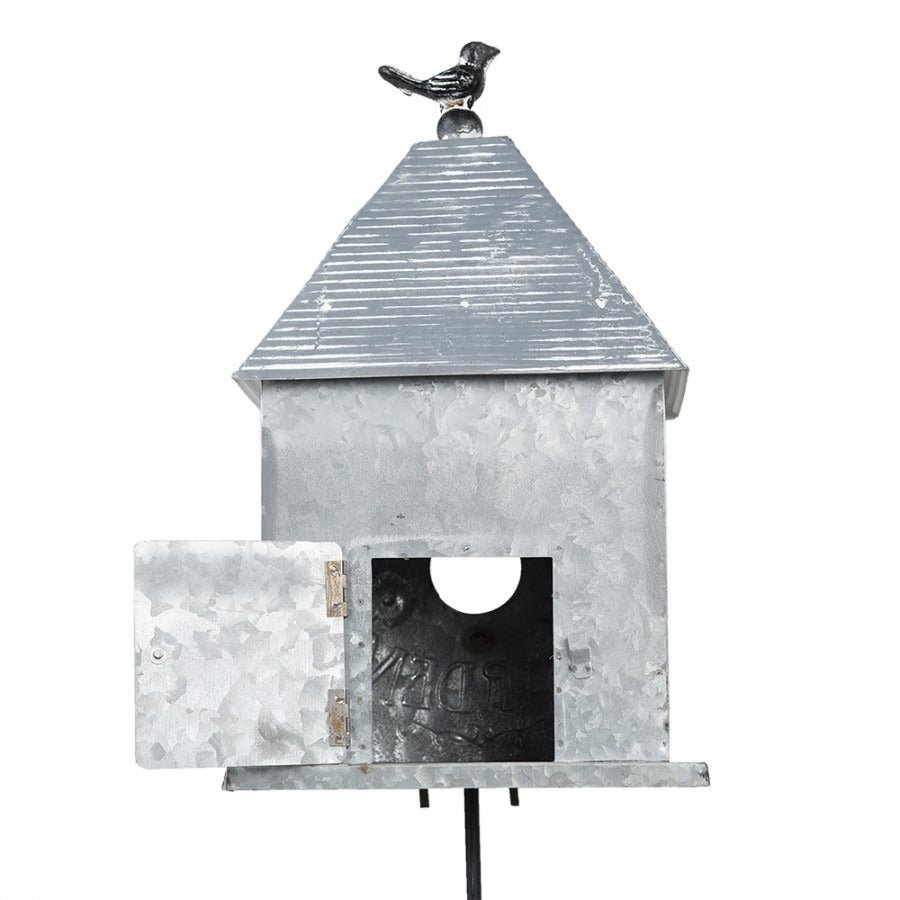 Garden Stake 18 x 13 x 109cm Grey White Metal Flowers Bird Feeder - BIRD HOUSE/ FEEDERS - Beattys of Loughrea