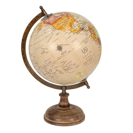 Globe 22 x 37cm Beige Brown Wood Round Globus - ORNAMENTS - Beattys of Loughrea