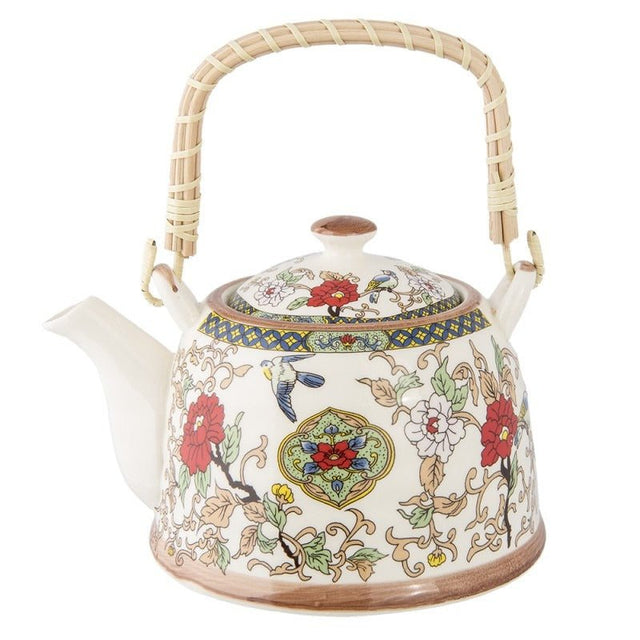 Teapot with Infuser 700ml Beige Red Ceramic Flowers Round Tea Pot - TEA/COFFEE MAKER/BODUM/MILLS - Beattys of Loughrea