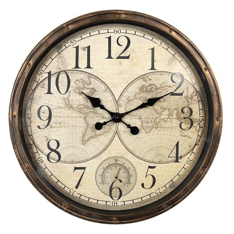 Country Style Wall Clock 50cm Brown Beige World Map - CLOCKS - Beattys of Loughrea