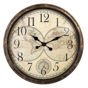 Country Style Wall Clock 50cm Brown Beige World Map - CLOCKS - Beattys of Loughrea