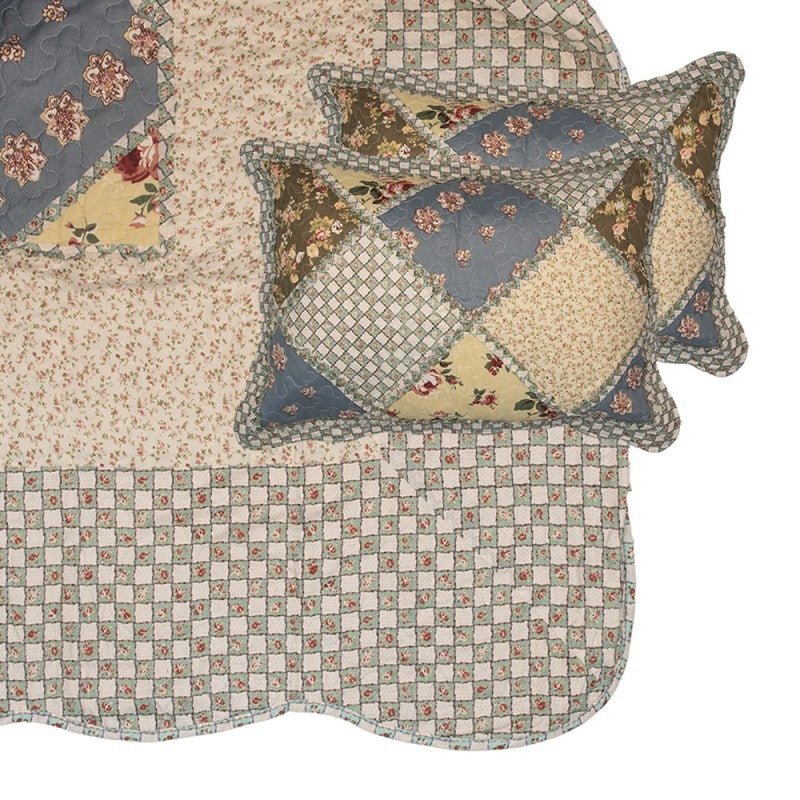 Country Cottage Patchwork Bedspread & 2 Pillowcases Set Blue Beige - Beattys of Loughrea | www.beattys.ie
