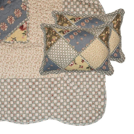 Country Cottage Patchwork Bedspread & 2 Pillowcases Set Blue Beige - BED SPREADS/COVERS/QUILTS - Beattys of Loughrea