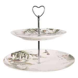 Etagere 2 Tier 26 x 24cm White Green Porcelain Birds Round Cake Stand - Beattys of Loughrea | www.beattys.ie
