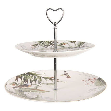 Etagere 2 Tier 26 x 24cm White Green Porcelain Birds Round Cake Stand - GENERAL LOOSE WARE - Beattys of Loughrea