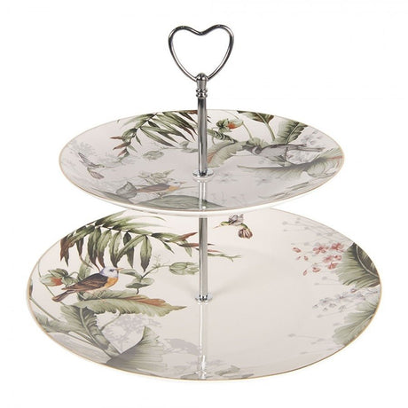 Etagere 2 Tier 26 x 24cm White Green Porcelain Birds Round Cake Stand - GENERAL LOOSE WARE - Beattys of Loughrea