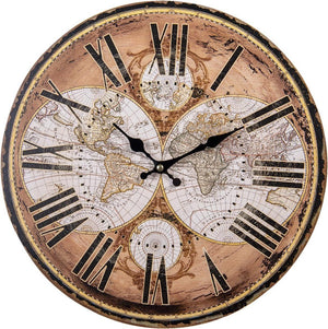 MDF Round World Map Wall Clock 34cm - CLOCKS - Beattys of Loughrea