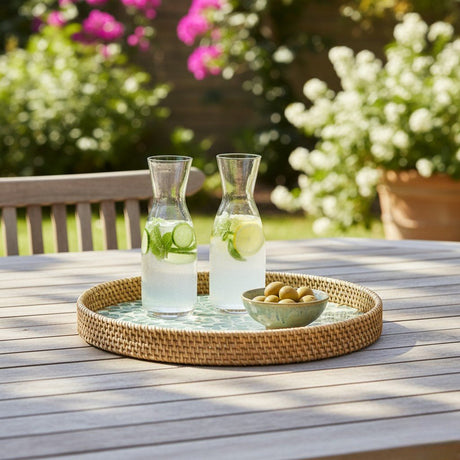Round Rattan Tray with Green Leaf Pattern – 38cm - WOODEN KITCHENWARE /ACCESSORIES - Beattys of Loughrea