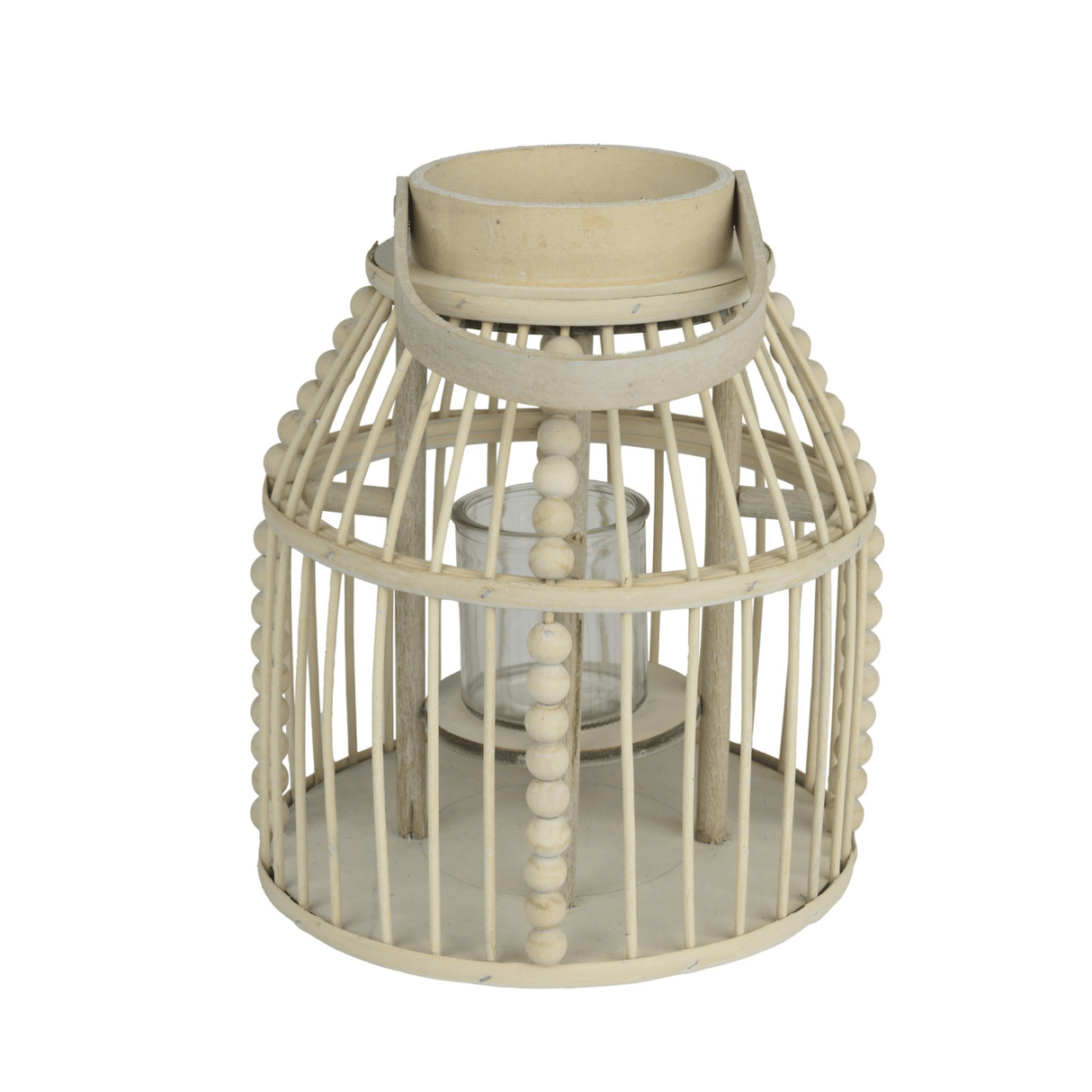 Wooden Round Lantern with Glass Cup – 39cm Height - CANDLE HOLDERS / Lanterns - Beattys of Loughrea