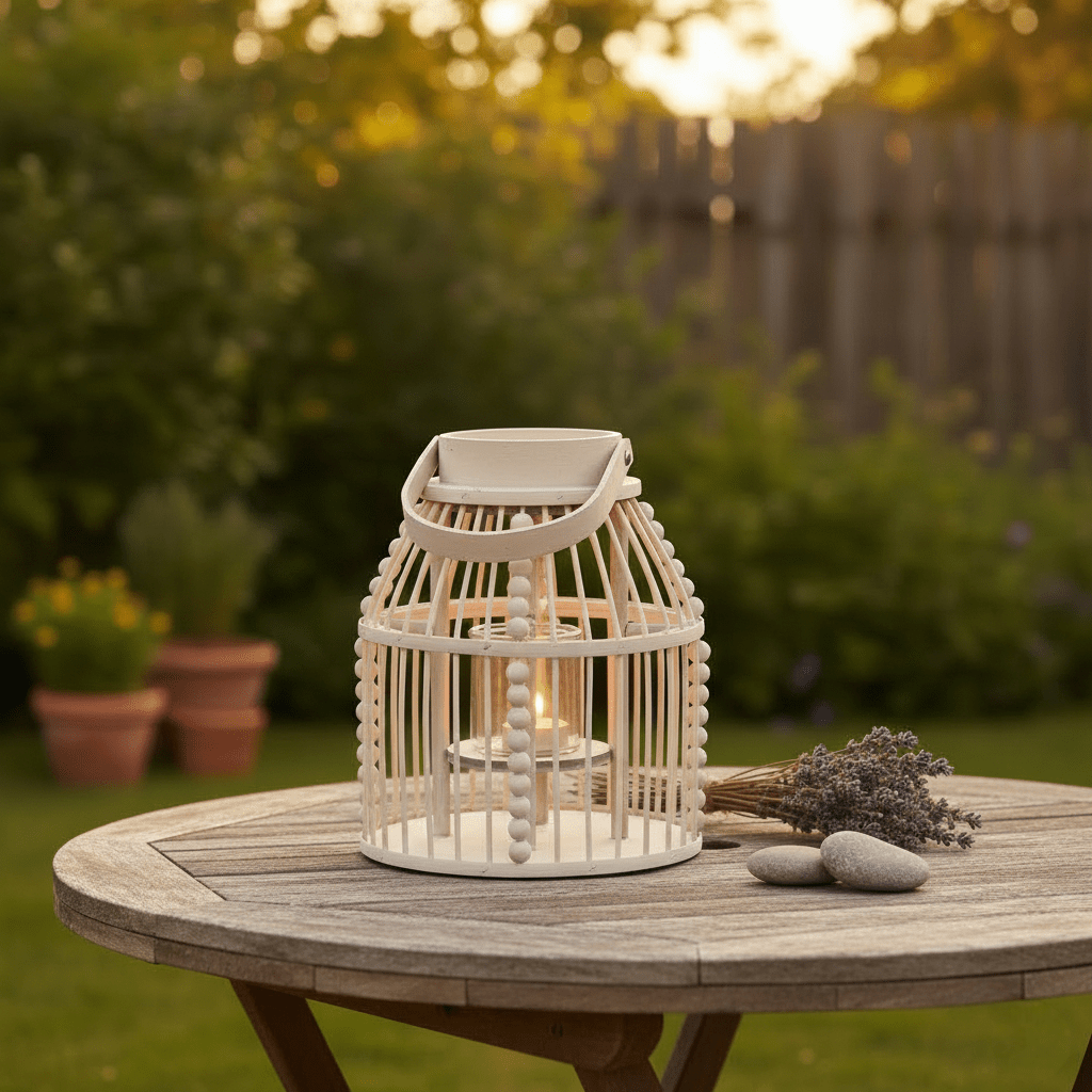 Wooden Round Lantern with Glass Cup – 28cm Height - CANDLE HOLDERS / Lanterns - Beattys of Loughrea