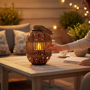 Bamboo Round Lantern with Glass Cup – 47cm Height - CANDLE HOLDERS / Lanterns - Beattys of Loughrea