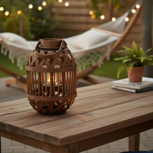Bamboo Round Lantern with Glass Cup – 34cm Height - CANDLE HOLDERS / Lanterns - Beattys of Loughrea