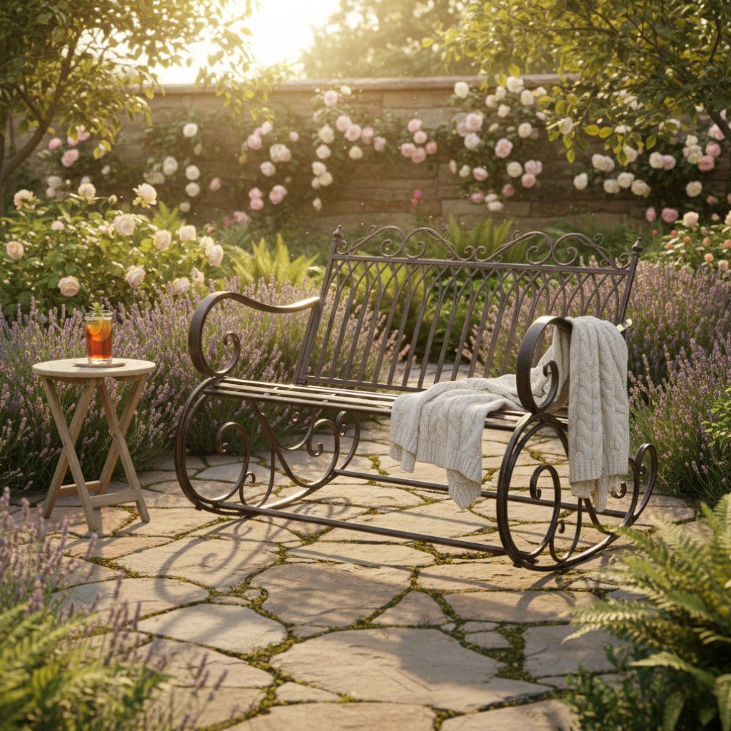 Outdoor Rocking Garden Bench – Steel Bordeaux Brown (92 x 113 cm) - SINGLE GARDEN BENCH/ CHAIR - Beattys of Loughrea