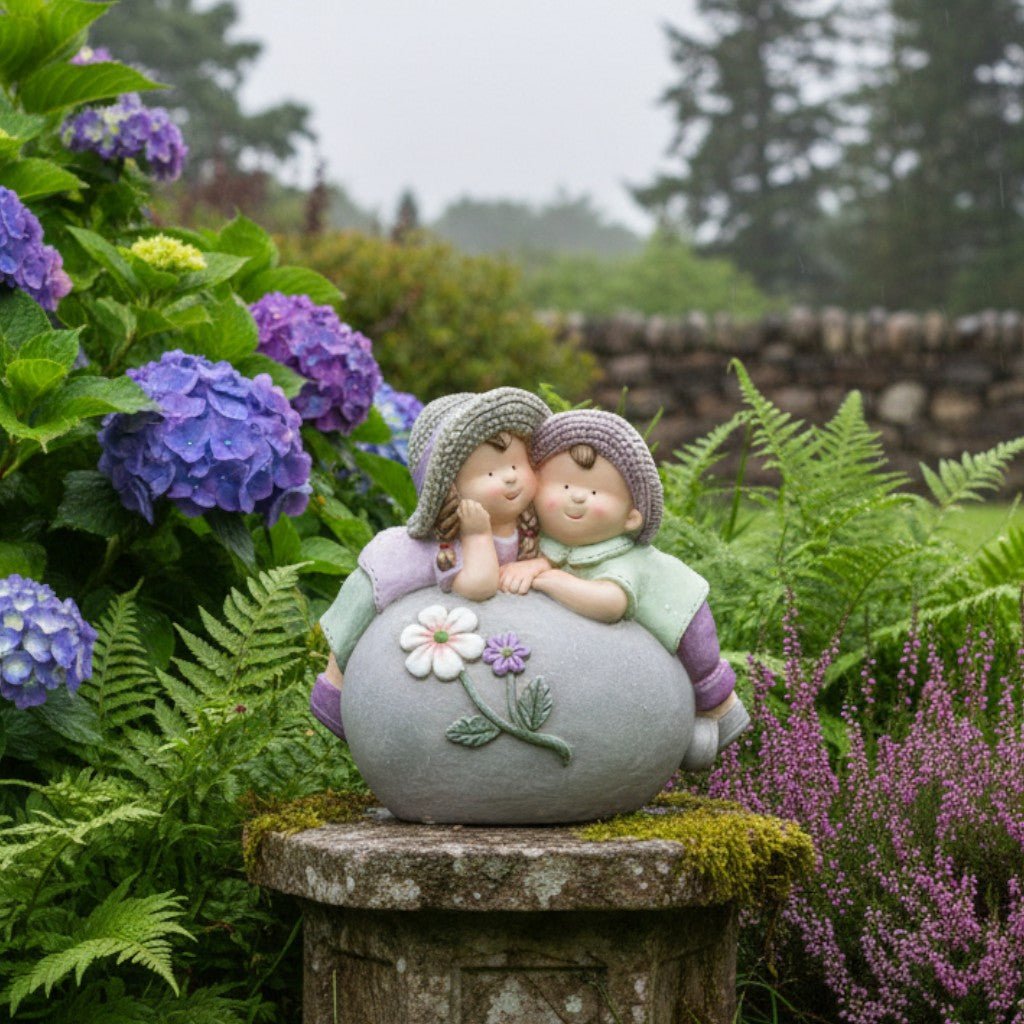 Boy & Girl on Stone with Hats Ornament - ORNAMENTS - Beattys of Loughrea