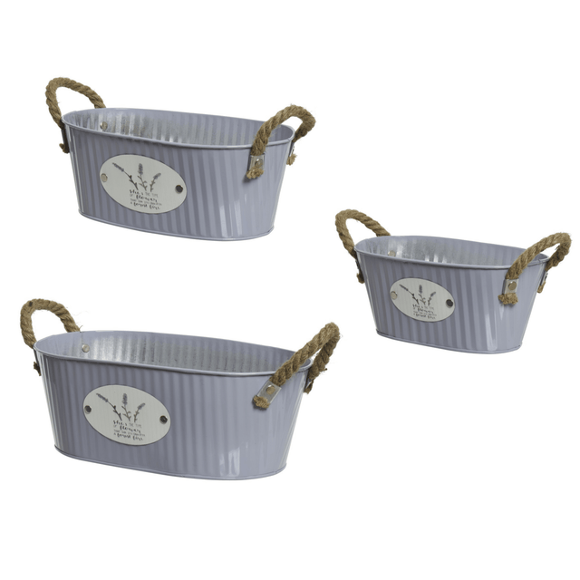 Purple Galvanized Oval Planters – Set of 3 with Jute Handles - PLANTER METAL - Beattys of Loughrea