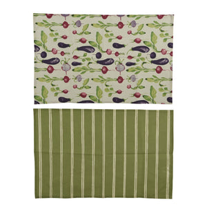 Decoris Tea Towel Set 2‑Piece Green With Stripe And Vegetable Print - APRON/GLOVE/TEXTILE - Beattys of Loughrea