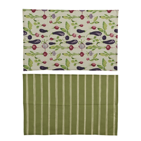 Decoris Tea Towel Set 2‑Piece Green With Stripe And Vegetable Print - APRON/GLOVE/TEXTILE - Beattys of Loughrea