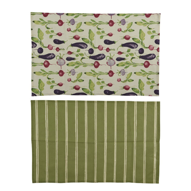 Decoris Tea Towel Set 2‑Piece Green With Stripe And Vegetable Print - APRON/GLOVE/TEXTILE - Beattys of Loughrea