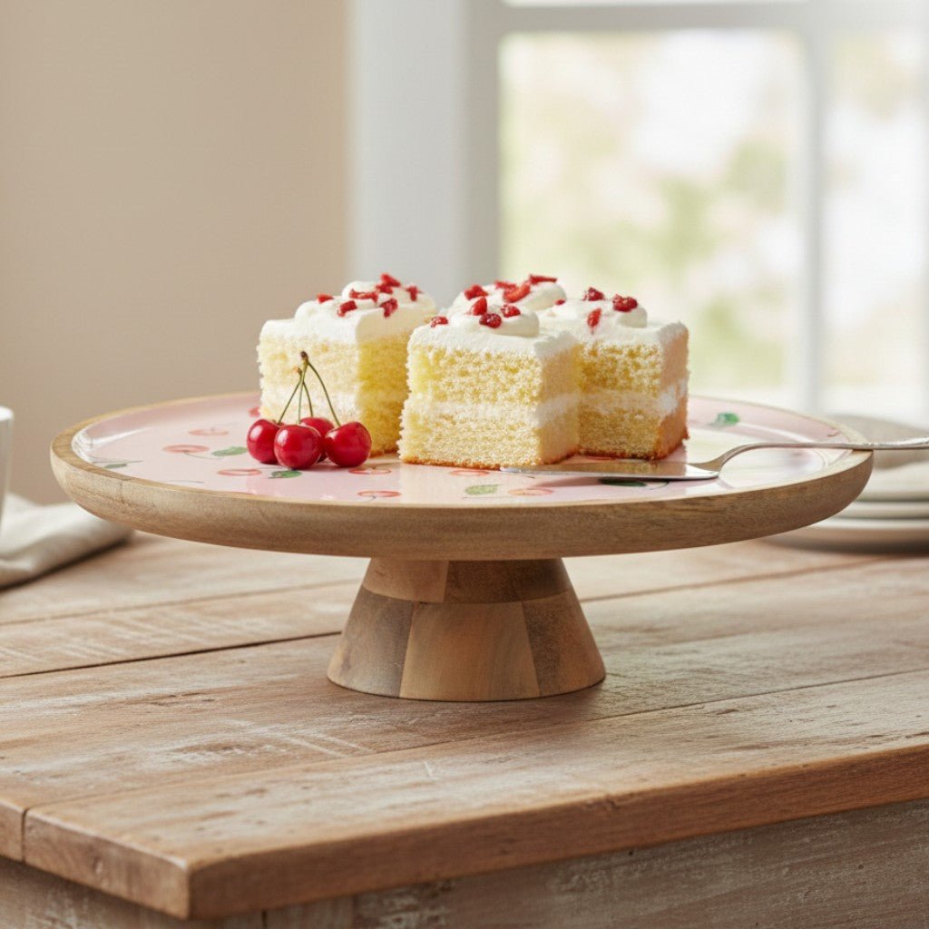 Decoris Cake Stand With Cherry Print 27.5cm - WOODEN KITCHENWARE /ACCESSORIES - Beattys of Loughrea