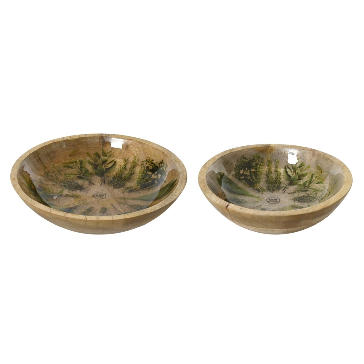 Decoris Round Mango Wood Bowl Set, 2‑Piece, Brown With Herb Print - WOODEN KITCHENWARE /ACCESSORIES - Beattys of Loughrea