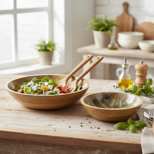 Decoris Round Mango Wood Bowl Set, 2‑Piece, Brown With Herb Print - WOODEN KITCHENWARE /ACCESSORIES - Beattys of Loughrea
