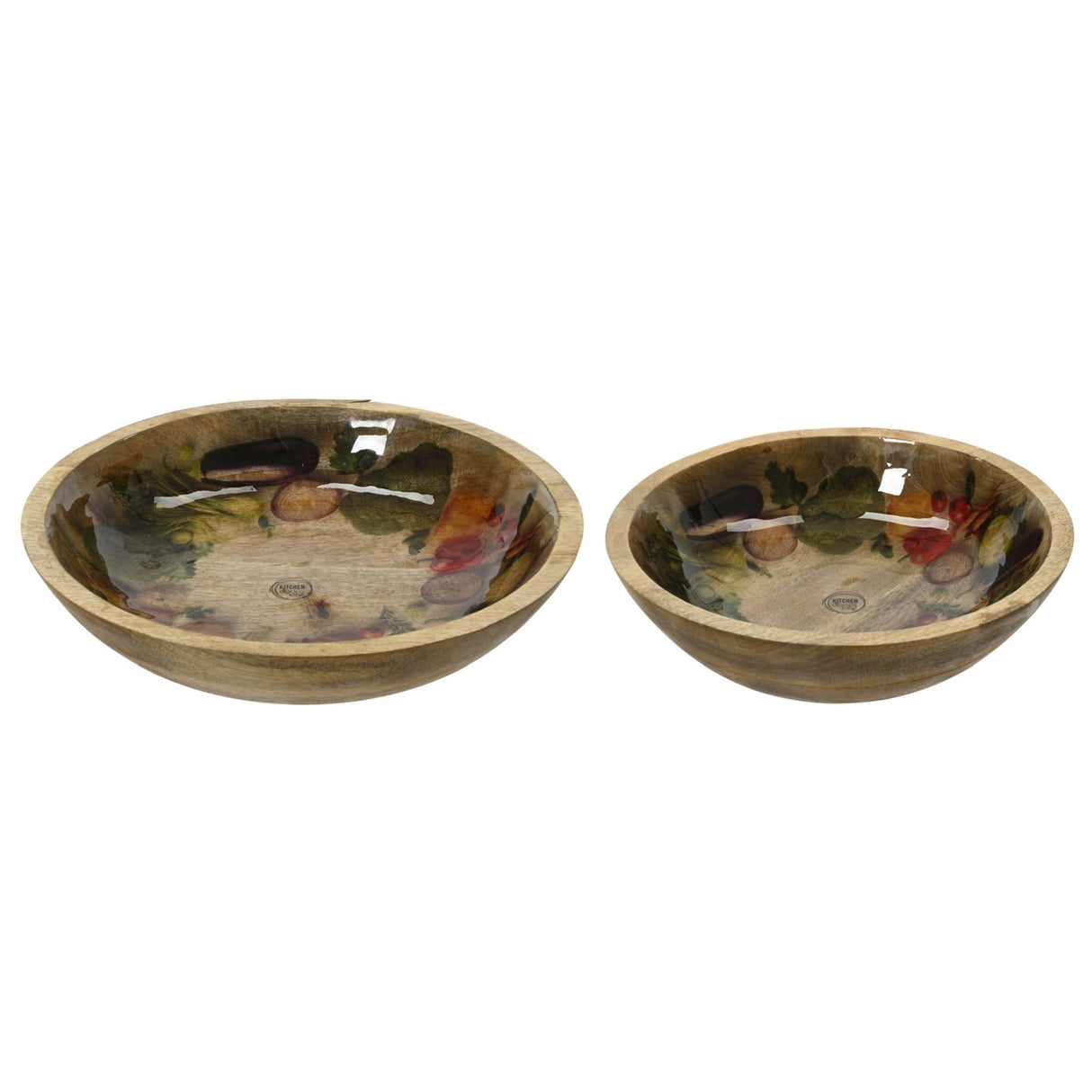 Decoris Round Mango Wood Bowl Set, 2‑Piece, Brown With Veggie Print - WOODEN KITCHENWARE /ACCESSORIES - Beattys of Loughrea