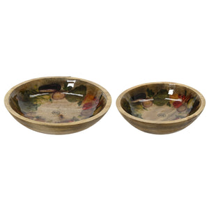 Decoris Round Mango Wood Bowl Set, 2‑Piece, Brown With Veggie Print - WOODEN KITCHENWARE /ACCESSORIES - Beattys of Loughrea