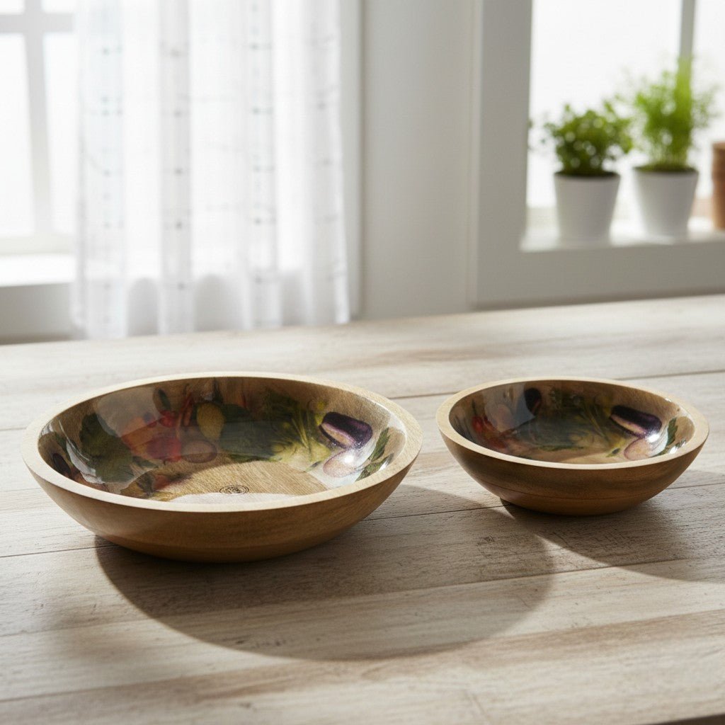 Decoris Round Mango Wood Bowl Set, 2‑Piece, Brown With Veggie Print - WOODEN KITCHENWARE /ACCESSORIES - Beattys of Loughrea