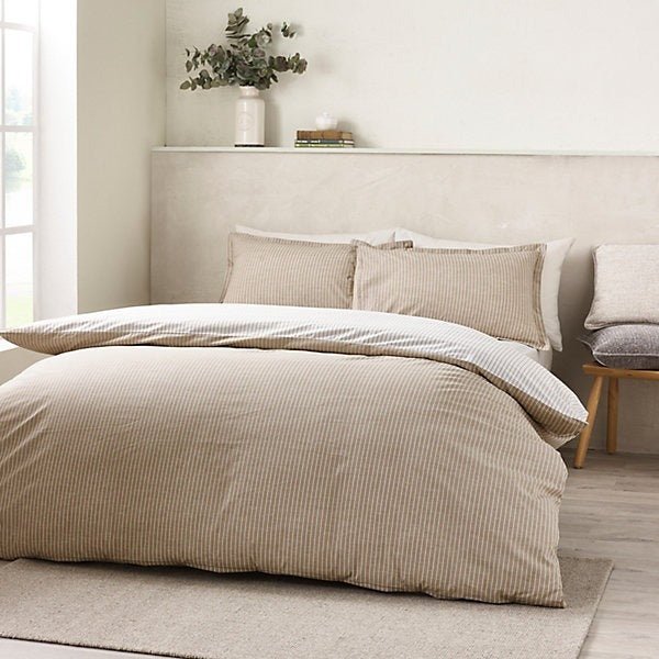 Catherine Lansfield Oxford Pinstripe Reversible Duvet Cover Set – Natural (King) - DUVET COVERS - Beattys of Loughrea