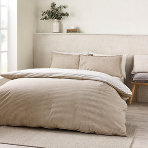 Catherine Lansfield Oxford Pinstripe Reversible Duvet Cover Set – Natural (King) - DUVET COVERS - Beattys of Loughrea