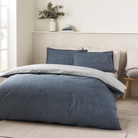 Catherine Lansfield Oxford Pinstripe Reversible Duvet Cover Set – Navy (Single) - DUVET COVERS - Beattys of Loughrea