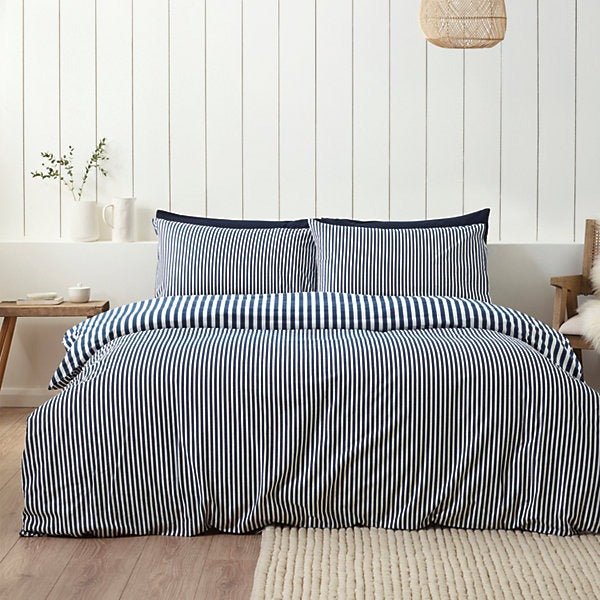 Catherine Lansfield Brushed Cotton Navy Blue Stripe Reversible Duvet Cover Set - Single - DUVET COVERS - Beattys of Loughrea