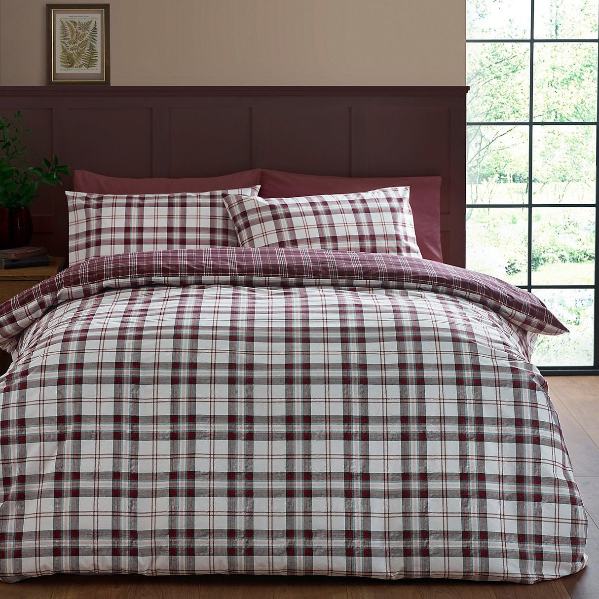 Catherine Lansfield Bedding Kelso Check Duvet Set Plum - Single - DUVET COVERS - Beattys of Loughrea