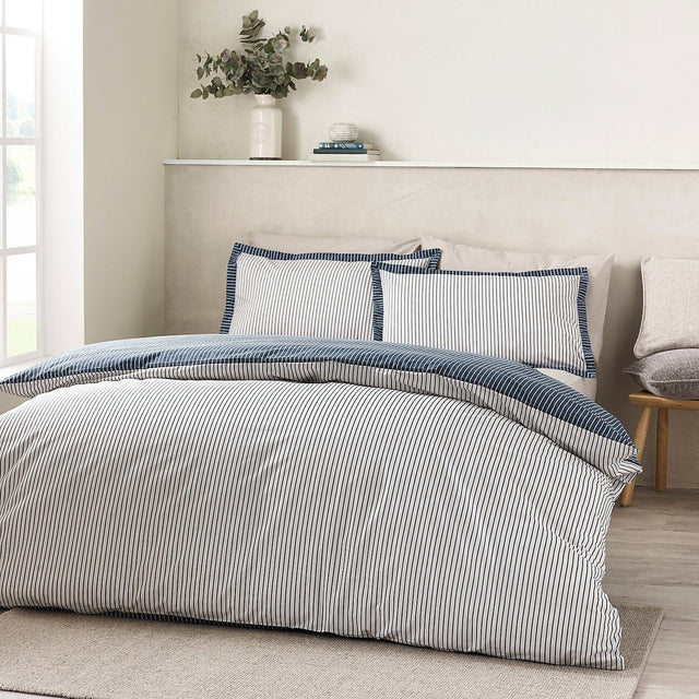 Catherine Lansfield Oxford Pinstripe Reversible Duvet Cover Set – Navy (Double) - DUVET COVERS - Beattys of Loughrea