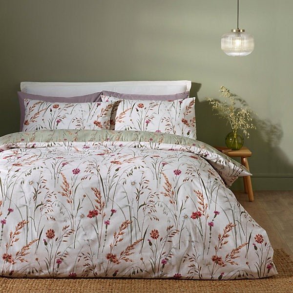 Catherine Lansfield Brushed Cotton Reversible Duvet Cover Set – Grasmere Floral Green (Double) - DUVET COVERS - Beattys of Loughrea