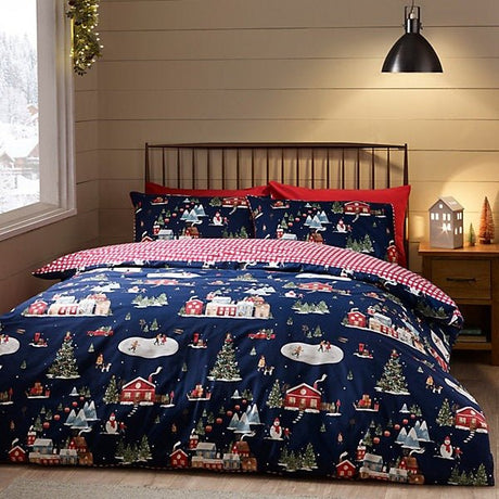 Catherine Lansfield Christmas Ski Village Reversible Duvet Cover Set – Navy Blue (Single) - DUVET COVERS - Beattys of Loughrea