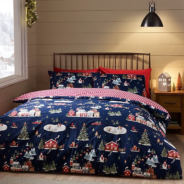 Catherine Lansfield Christmas Ski Village Reversible Duvet Cover Set – Navy Blue (Single) - DUVET COVERS - Beattys of Loughrea