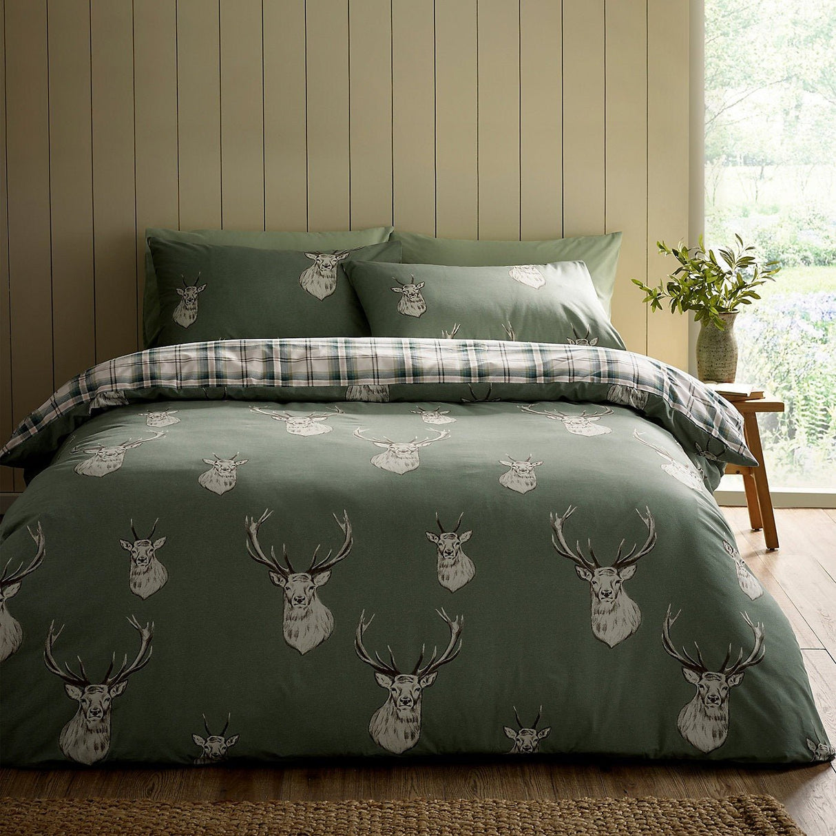 Catherine Lansfield Bedding Stag Check Duvet Set Soft Green - Double - DUVET COVERS - Beattys of Loughrea