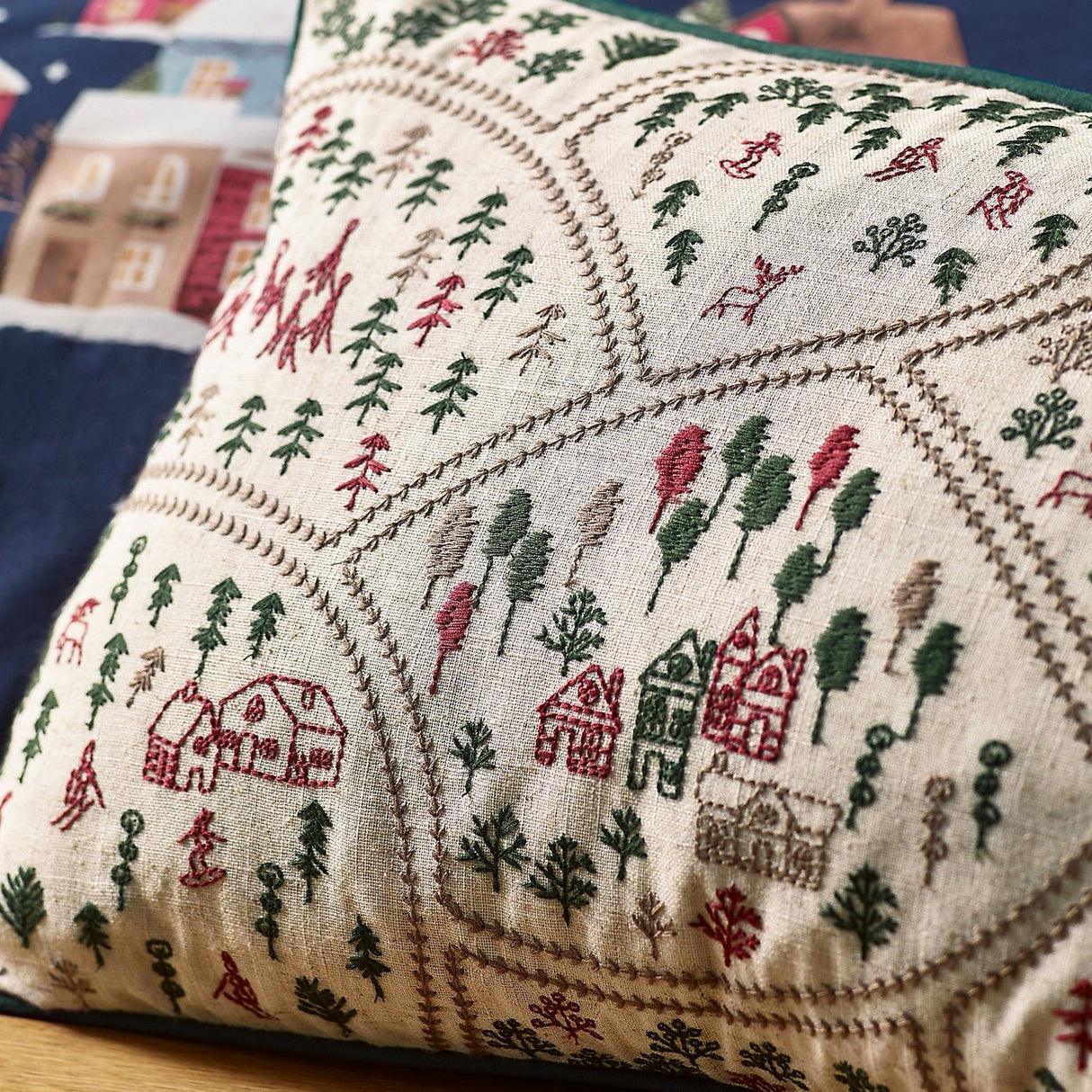 Catherine Lansfield Christmas Ski Village Embroidered Cushion – Natural (30x50cm) - CUSHIONS/COVERS - Beattys of Loughrea