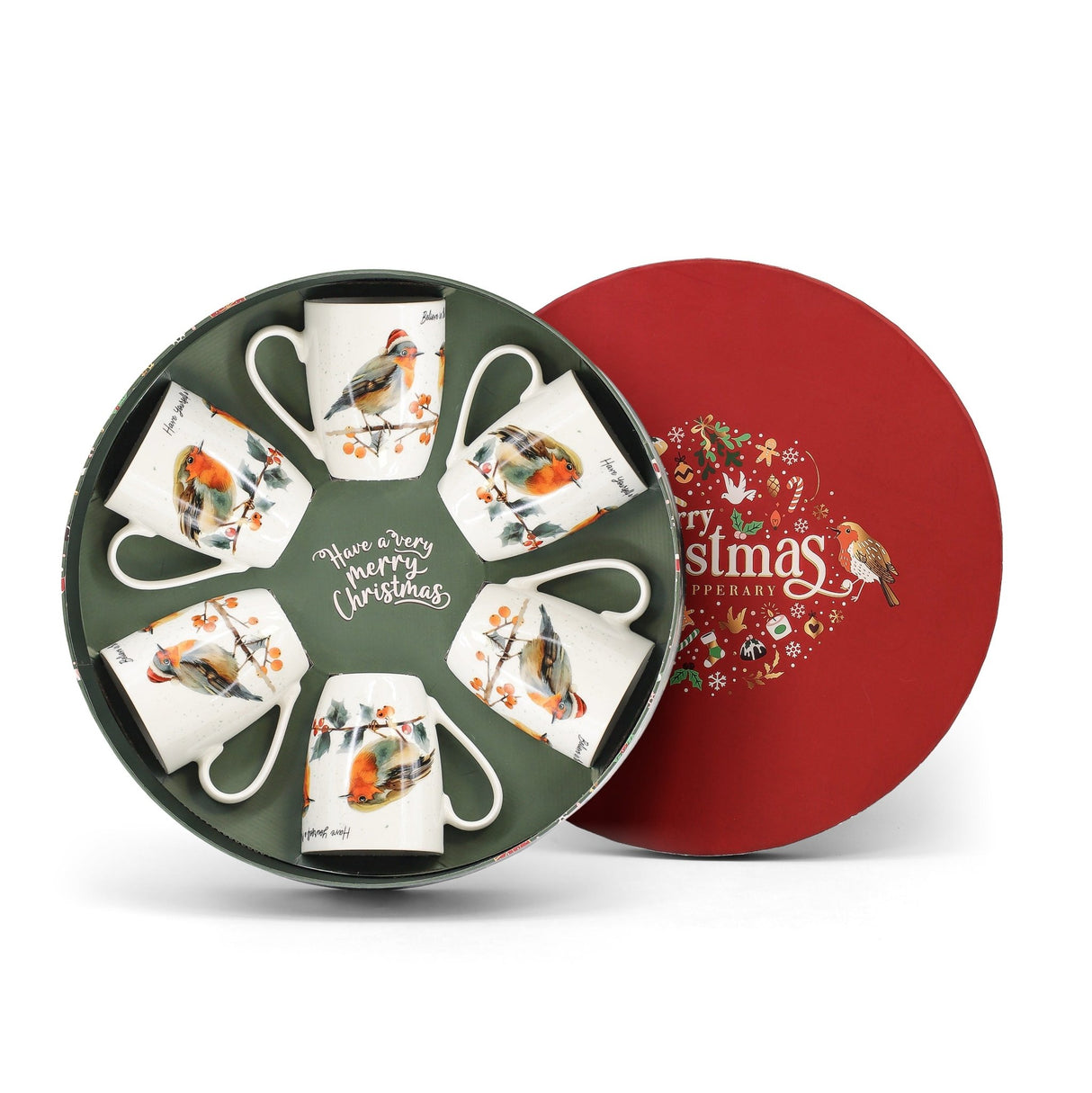 TIPPERARY CRYSTAL Christmas Robins – Set of 6 Hatbox Mugs - MUG SETS - Beattys of Loughrea